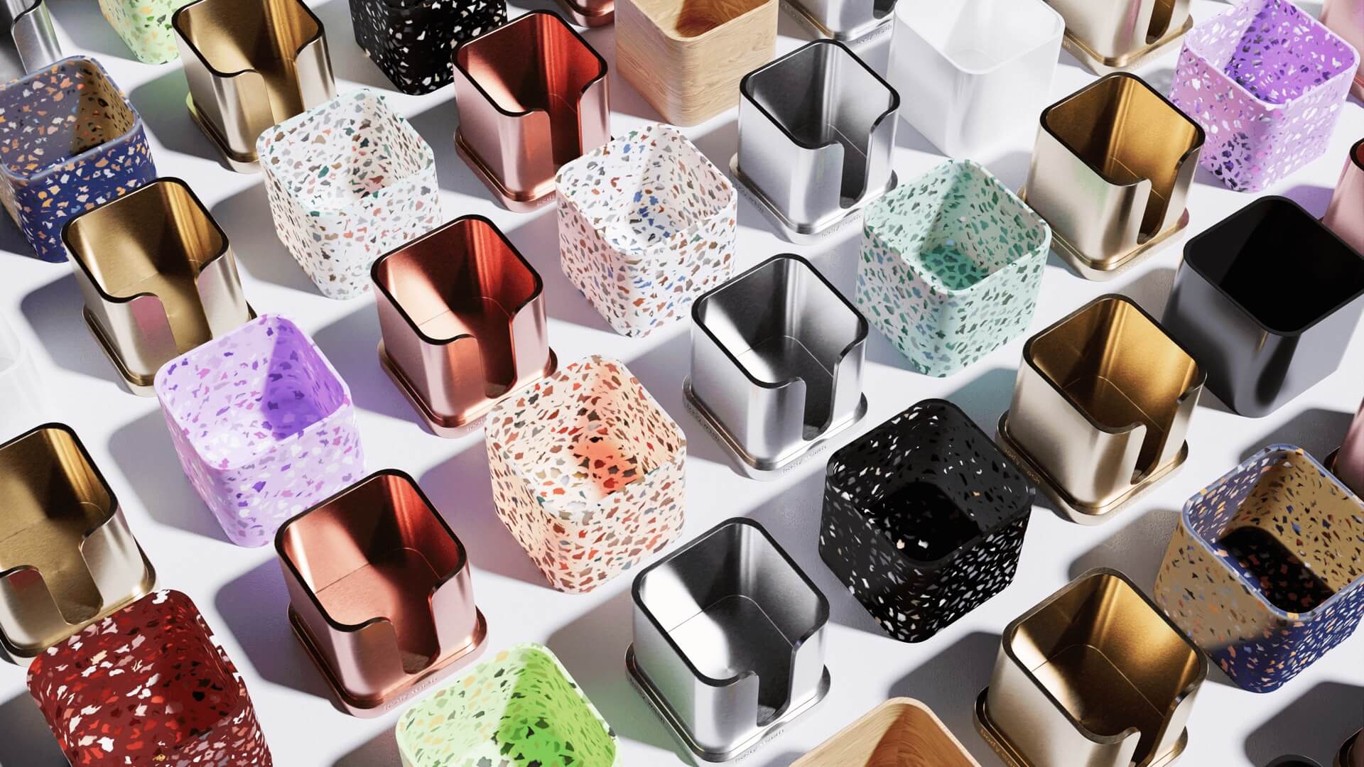 Dr. Teal's packaging material palette of recycled plastic, ceramic, and aluminum