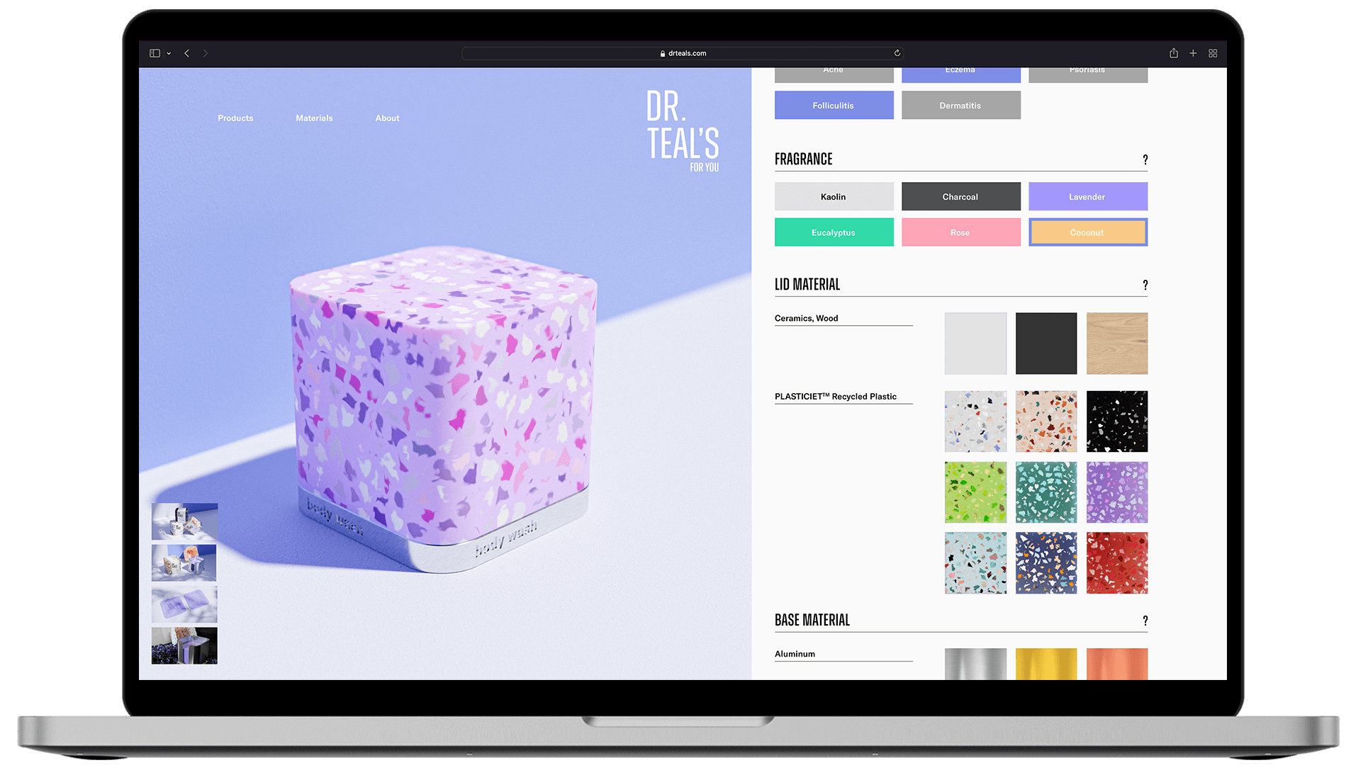 Product purchase page with ingredient and material customization