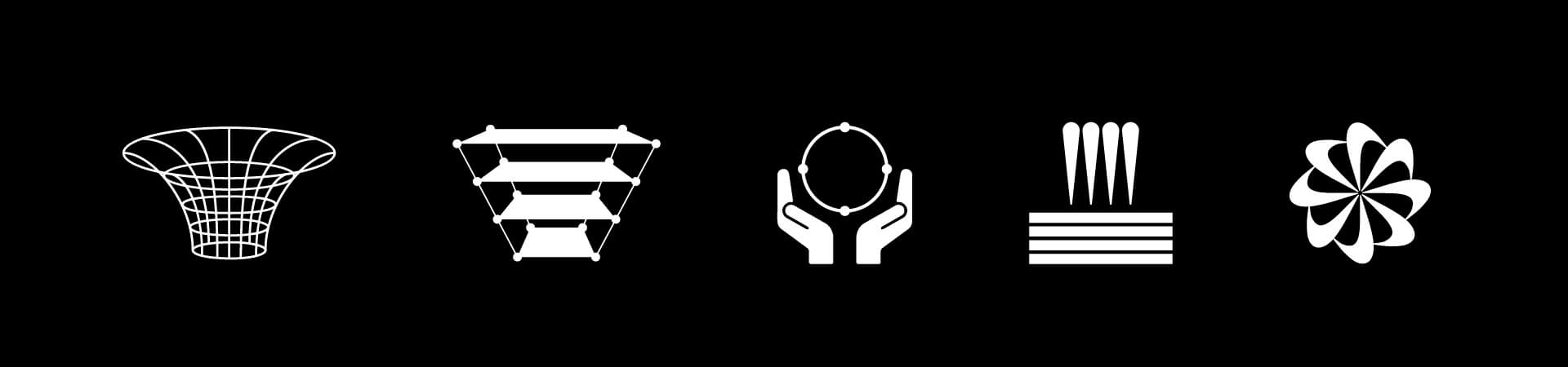 The five Nike Forward icons — wireframe funnel, layered stack, caring hands, needle-punched fibers, and turbine mark
