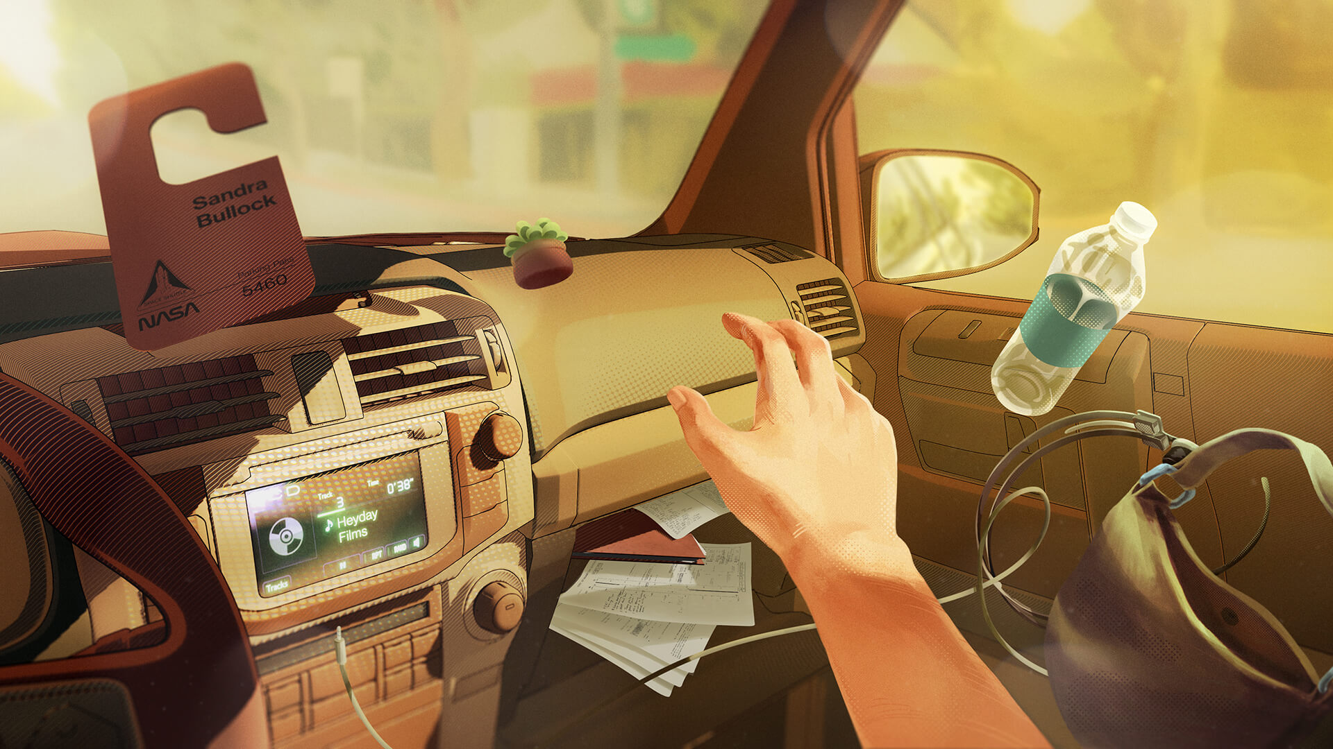Hand reaching across the dashboard as a water bottle and papers start to float through the car