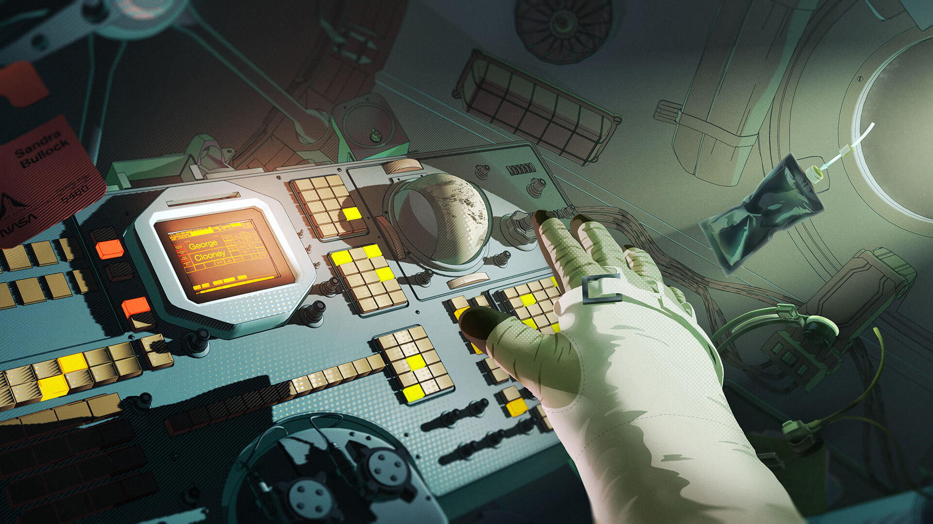 Spacesuited arm reaching across the amber-lit control panel of a darkened space capsule