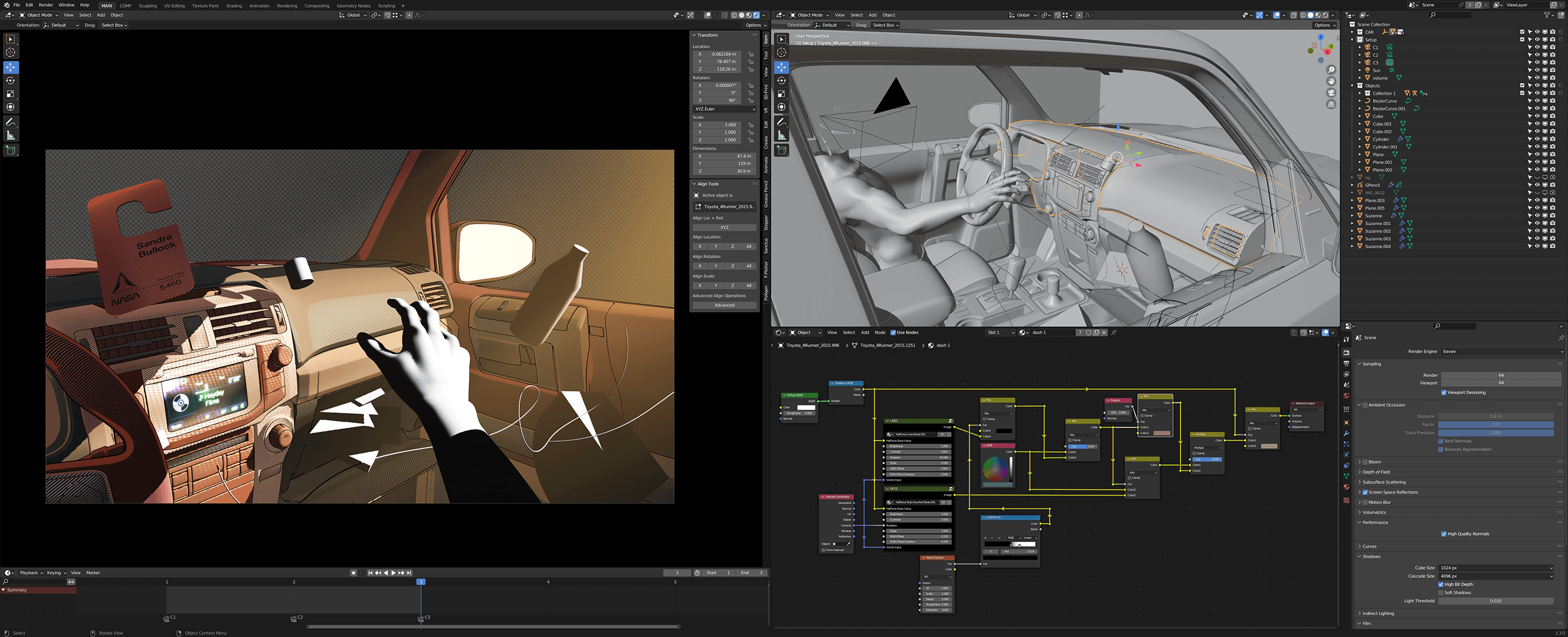 Blender workspace with the toon-shaded car interior beside its clay viewport and shader nodes