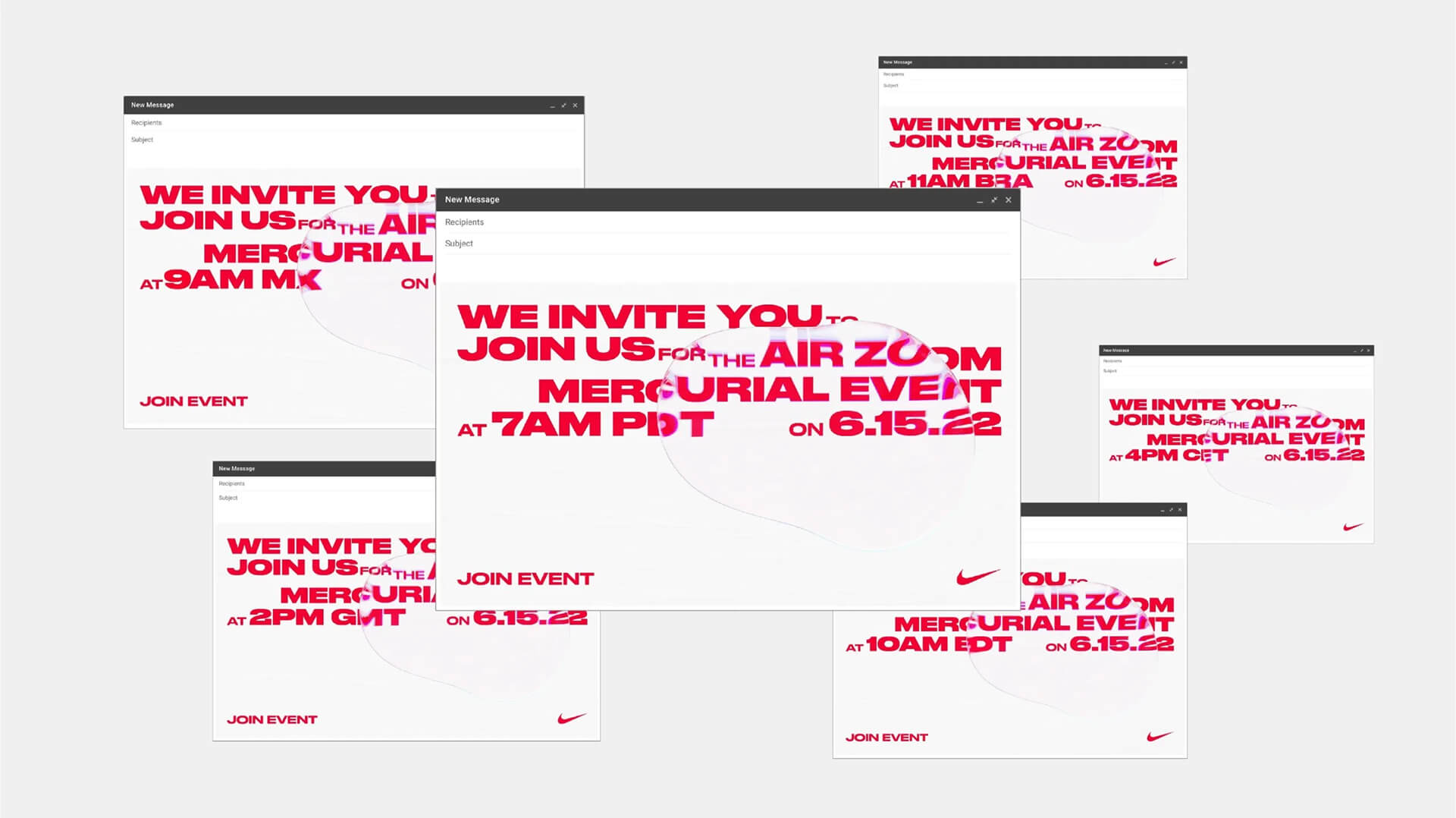 Email invitations to the Air Zoom Mercurial event, set per time zone with an air bubble motif