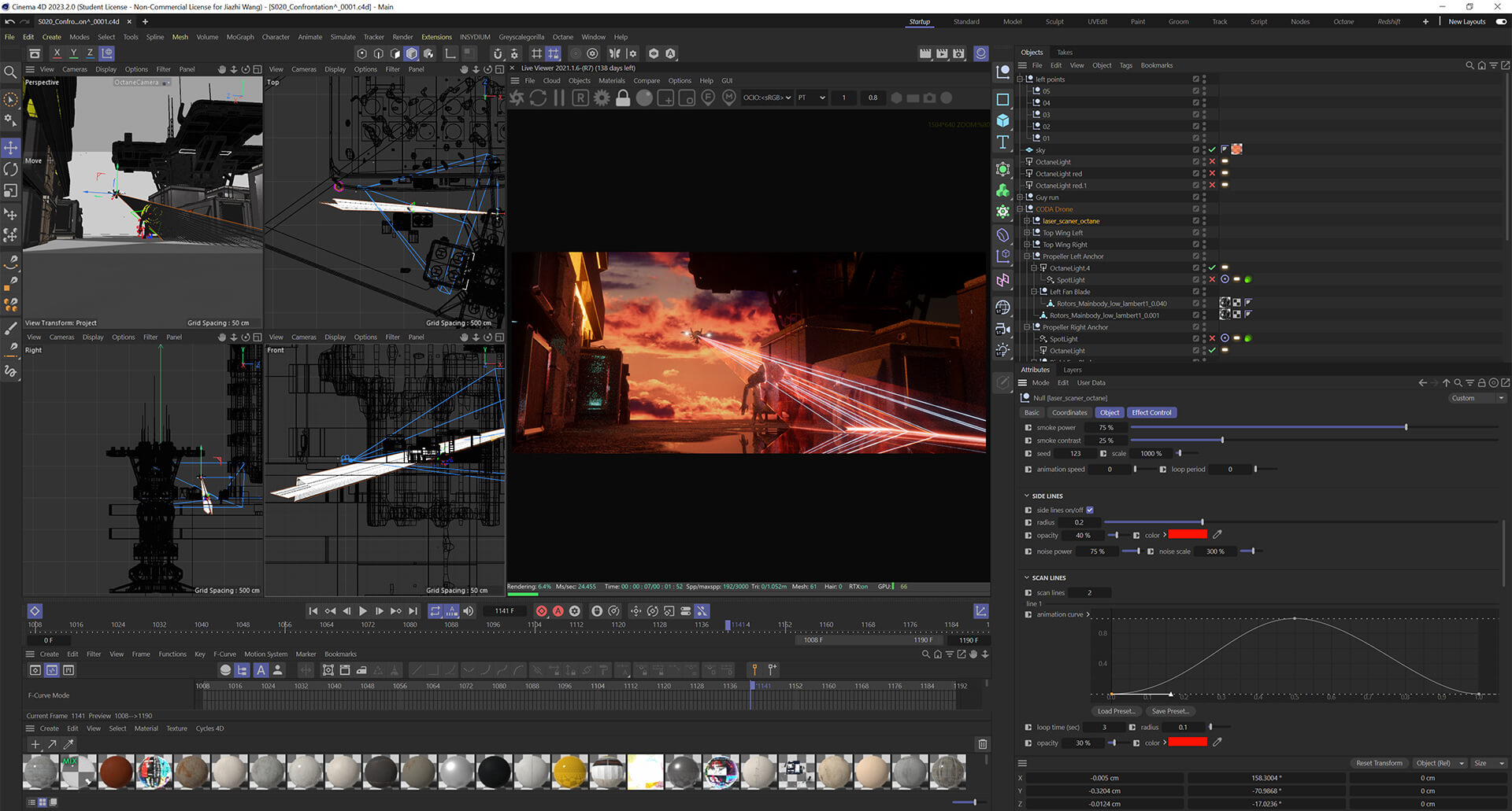 Cinema 4D scene setup with an Octane render preview