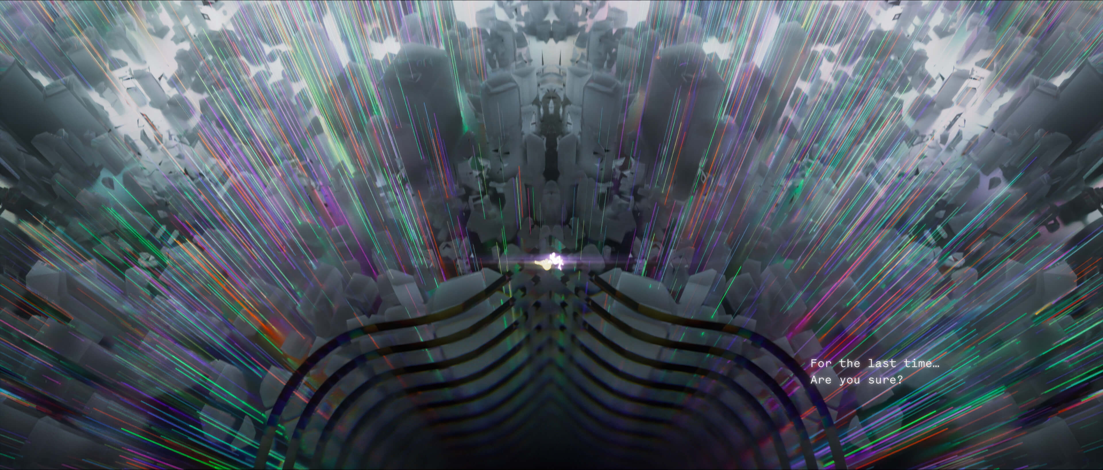 Kaleidoscopic dream city folding into a mirrored, glitching form