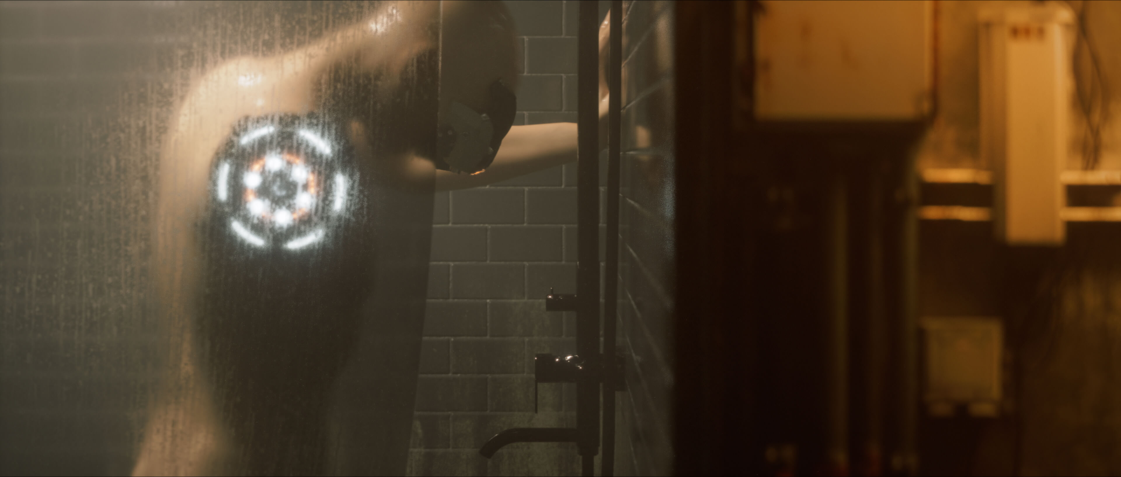 Glowing circular implant on the protagonist's back in the shower