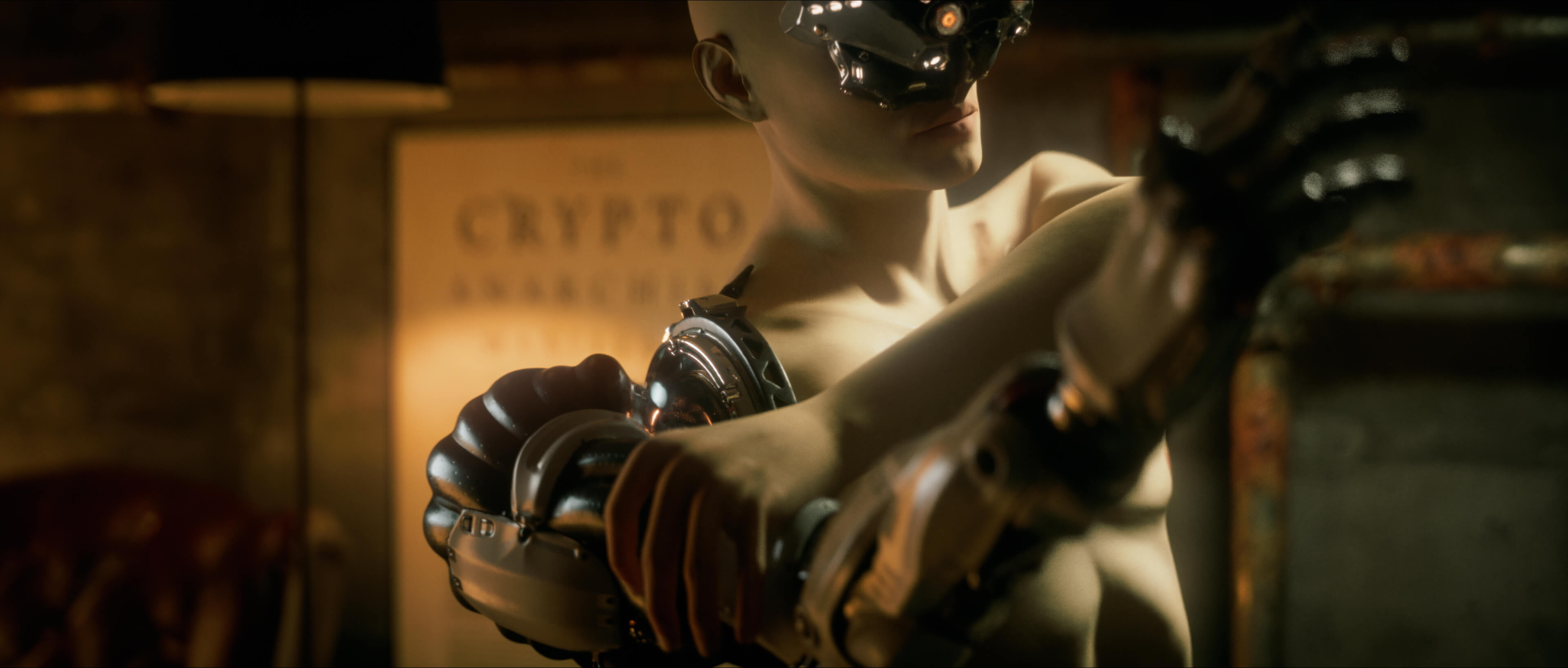 Cyborg character adjusting a prosthetic arm