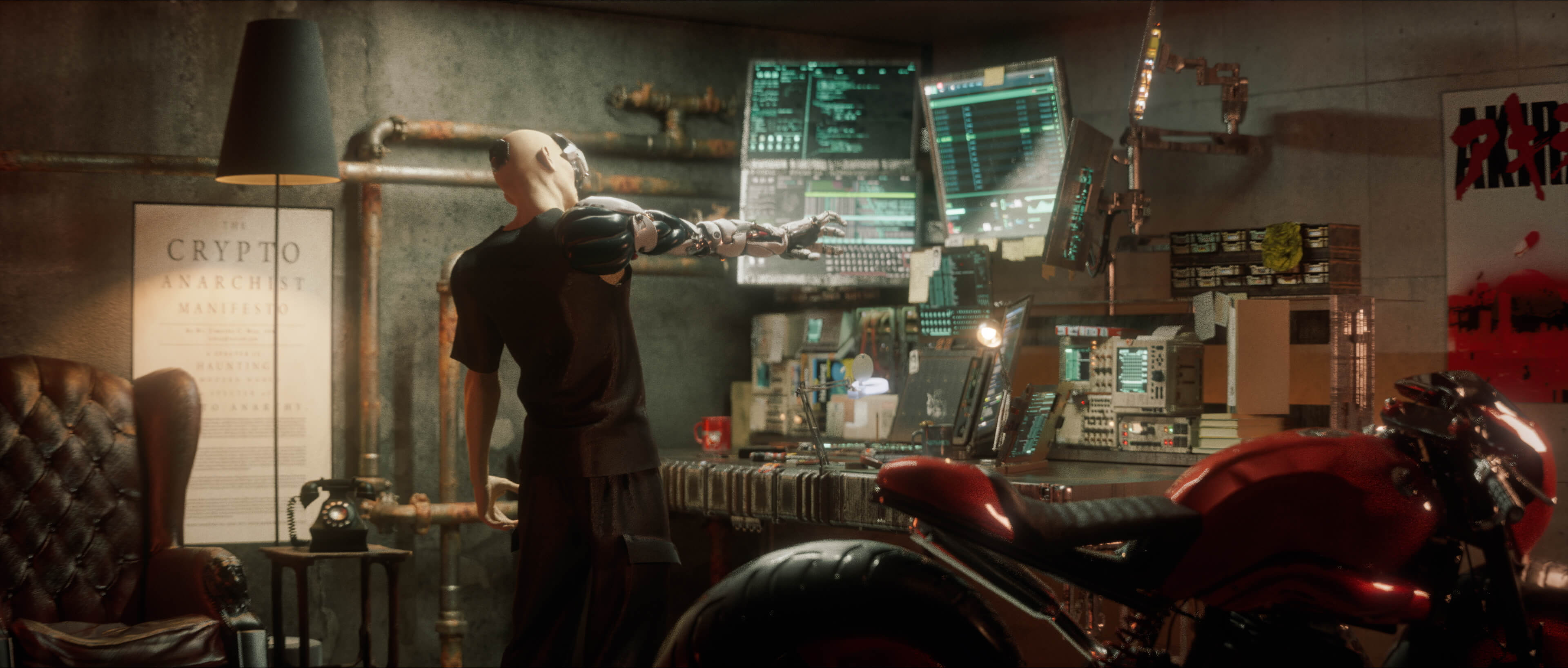 Cluttered hacker den with monitors and a red motorcycle