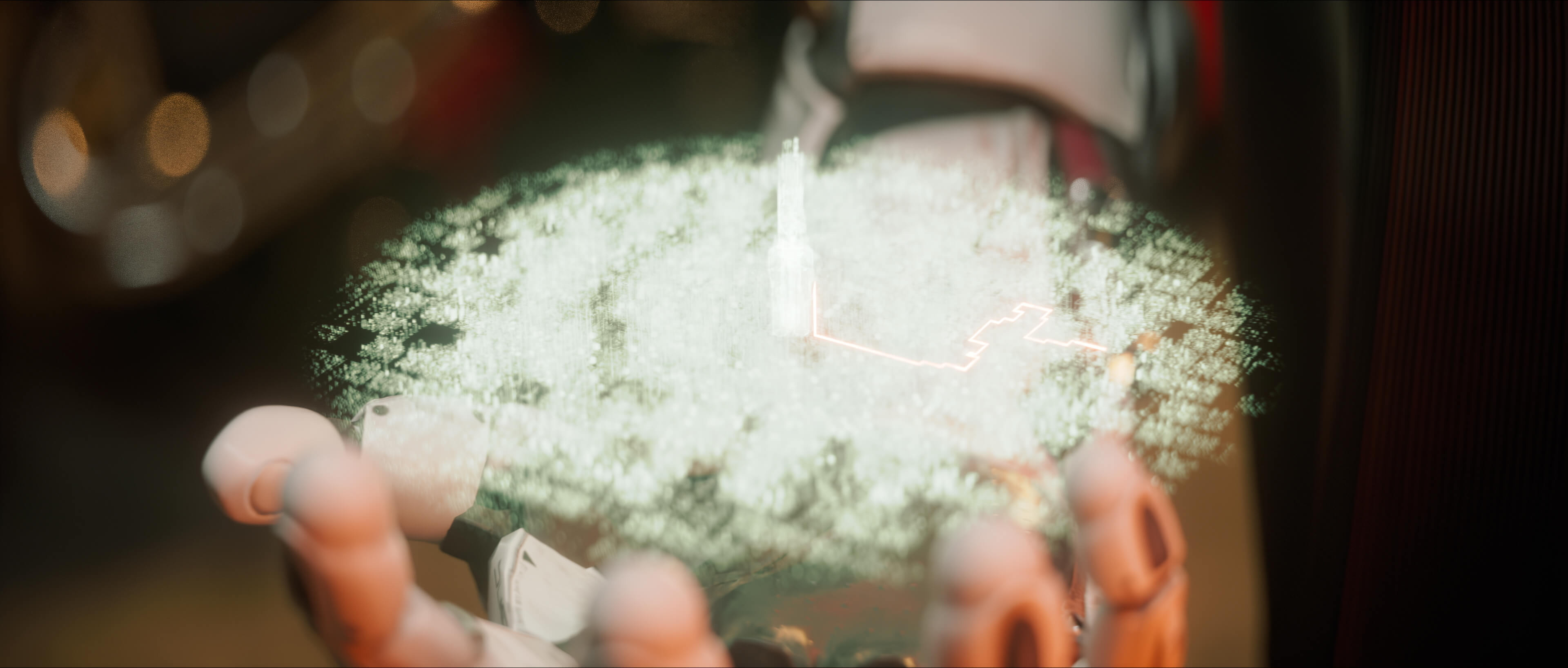 Holographic particles hovering over an open palm