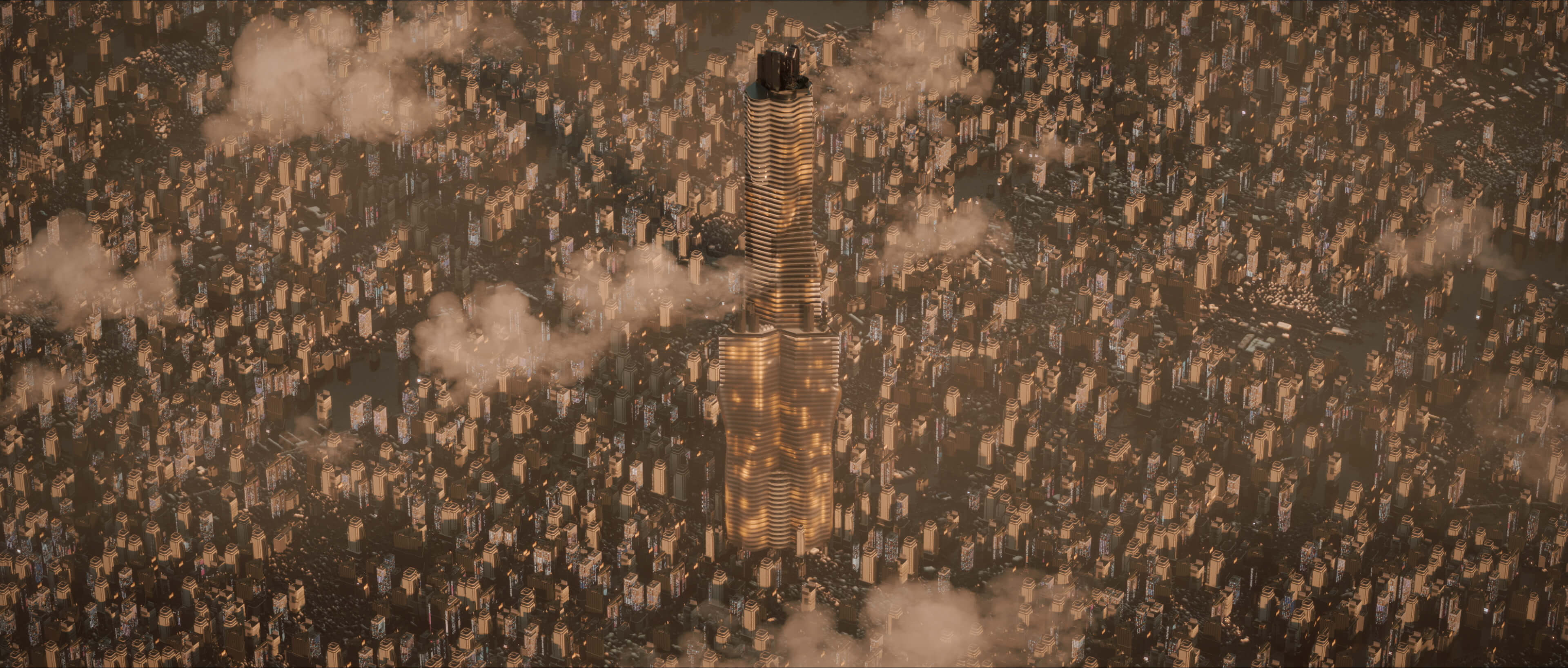 Aerial view of a crowd gathered around a monolithic tower