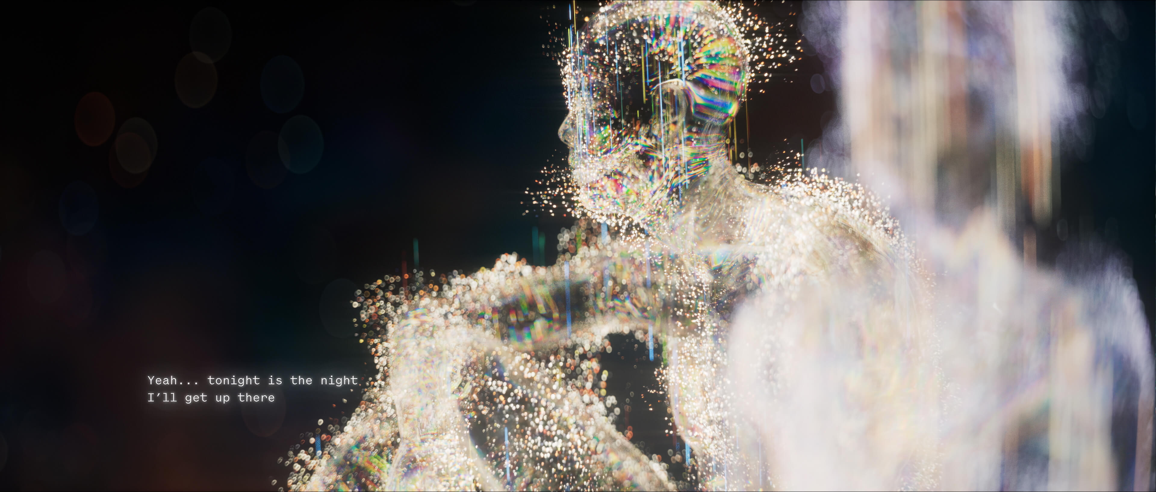Figure dissolving into golden particles