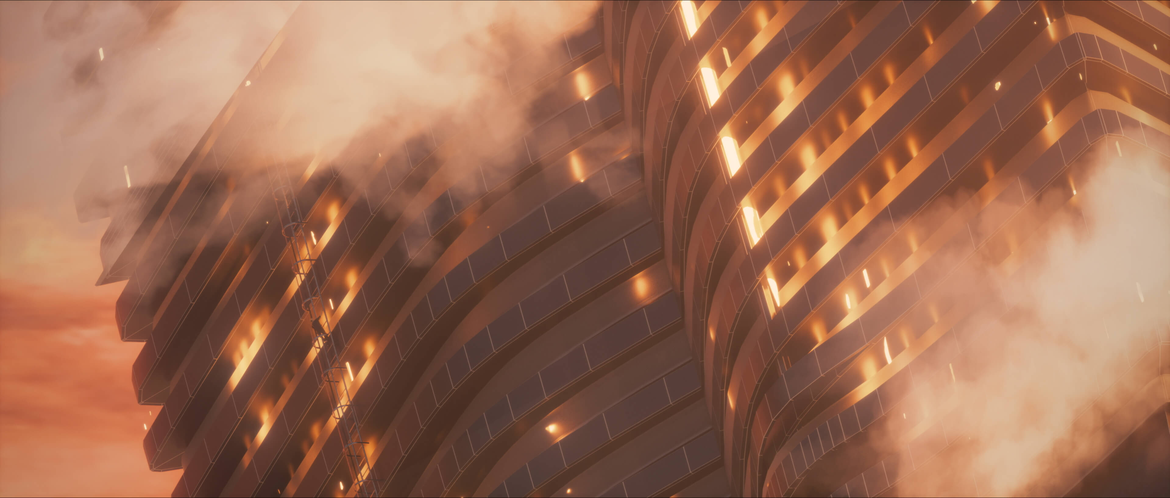 Twin towers glowing through smoke at sunset