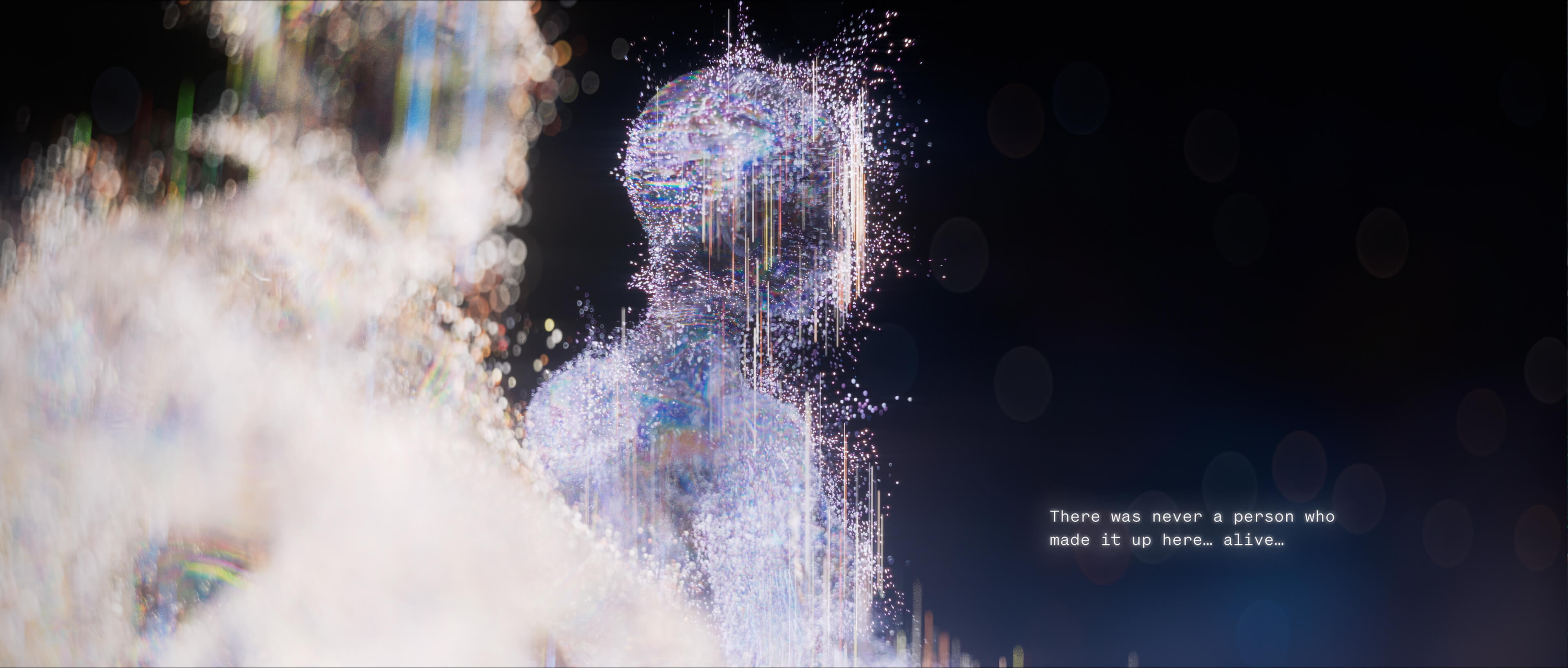 Particle silhouette fading into blue-white light