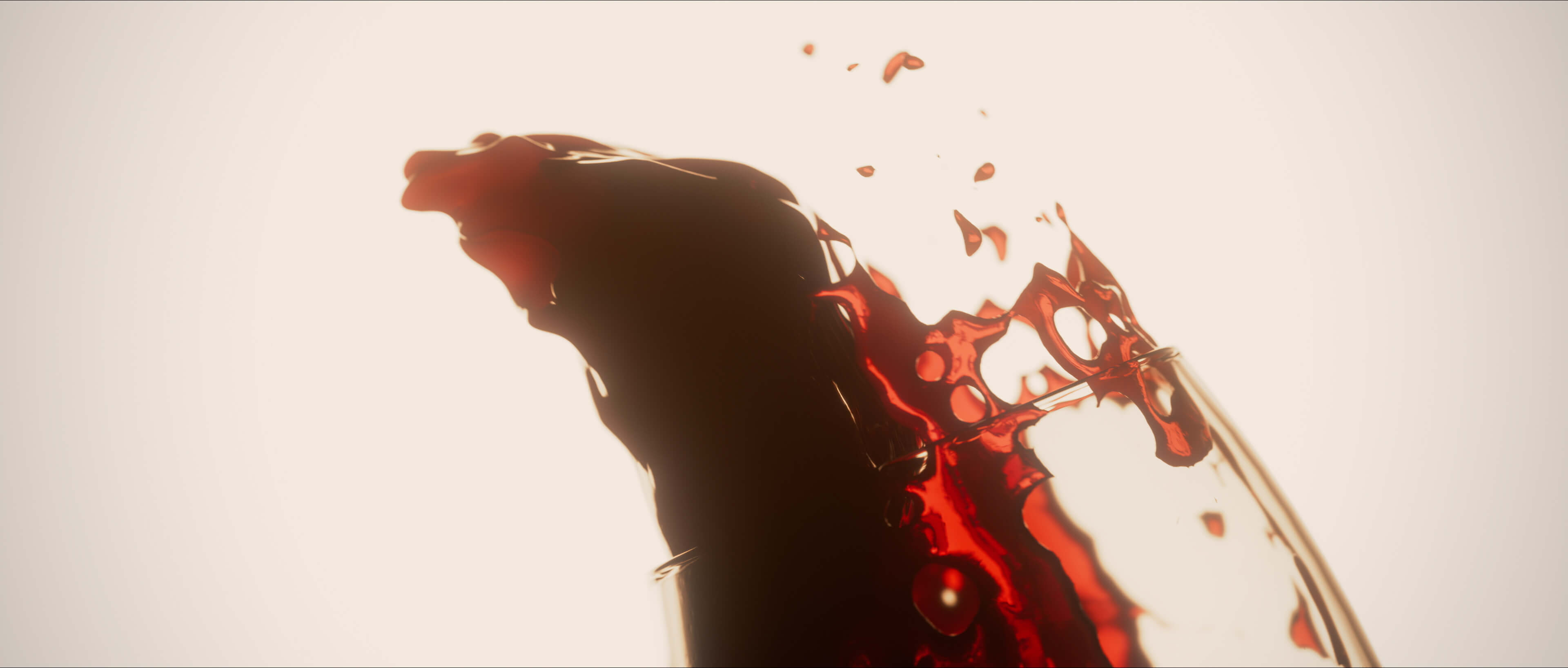 Dark silhouette and red splash against a white sky