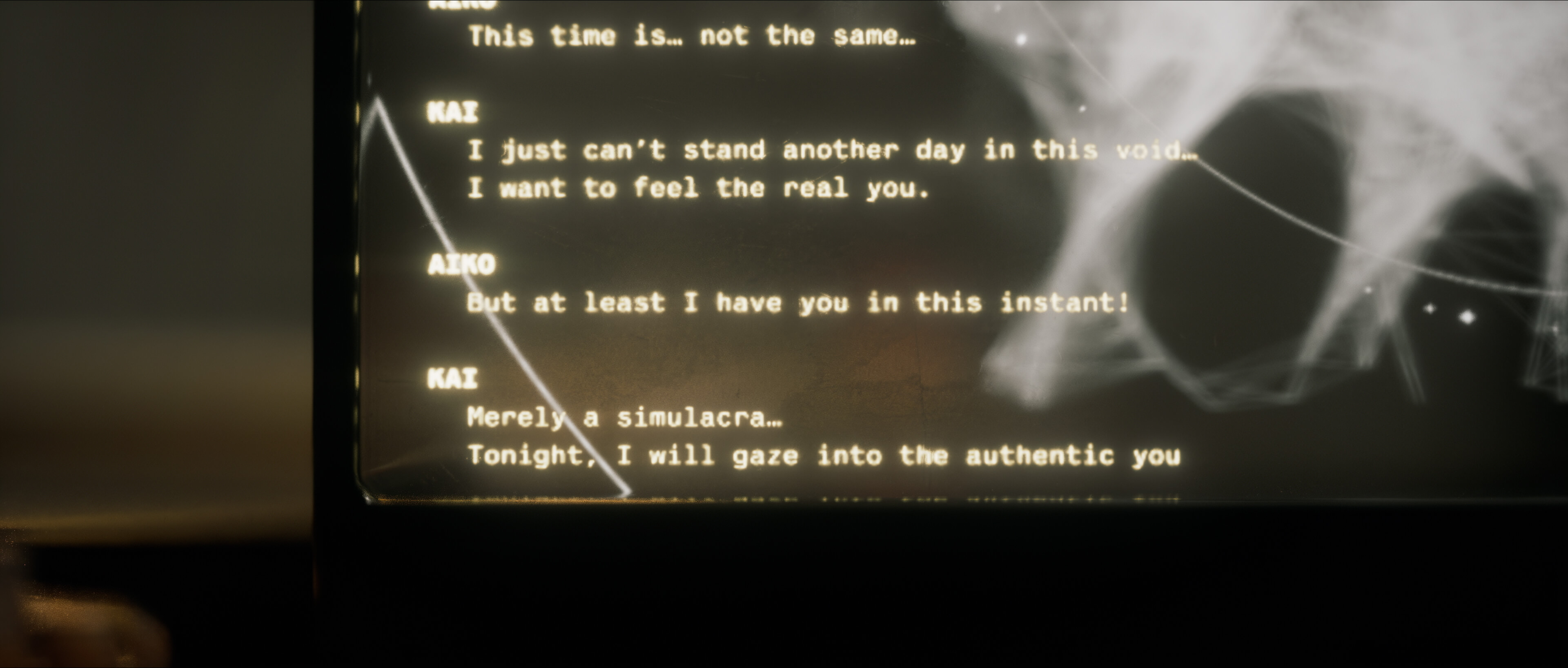 Typed dialogue log glowing on a terminal screen