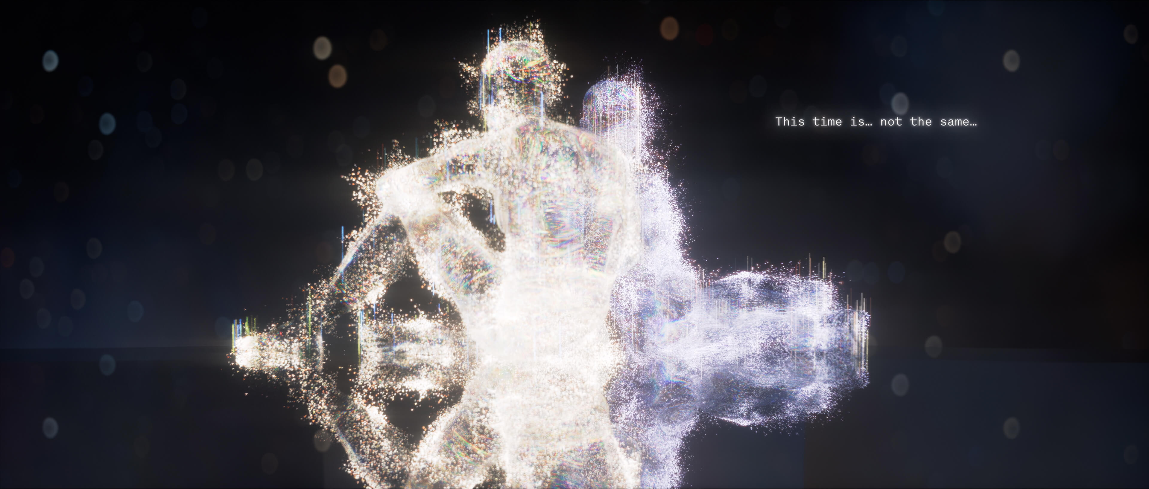 Motorcycle and rider rendered in scattering light particles
