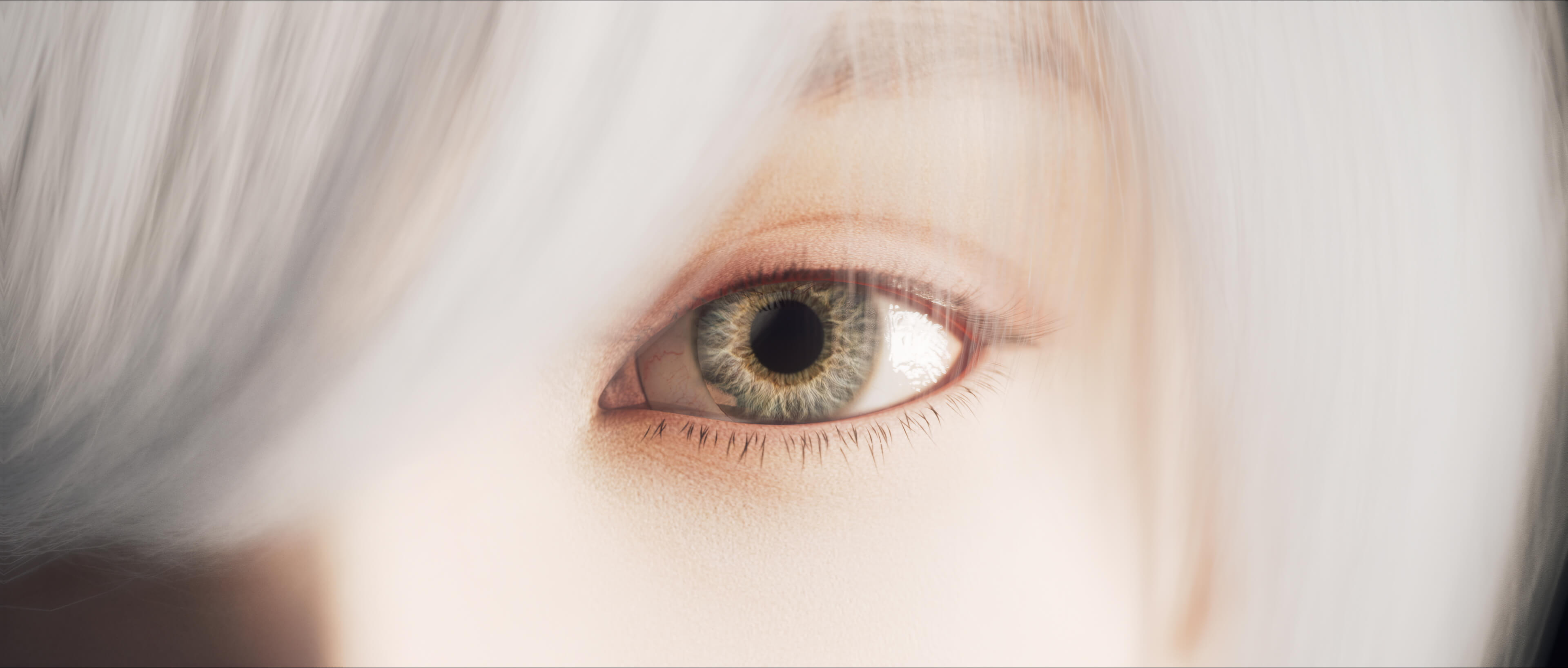 Extreme close-up of an eye behind silver hair