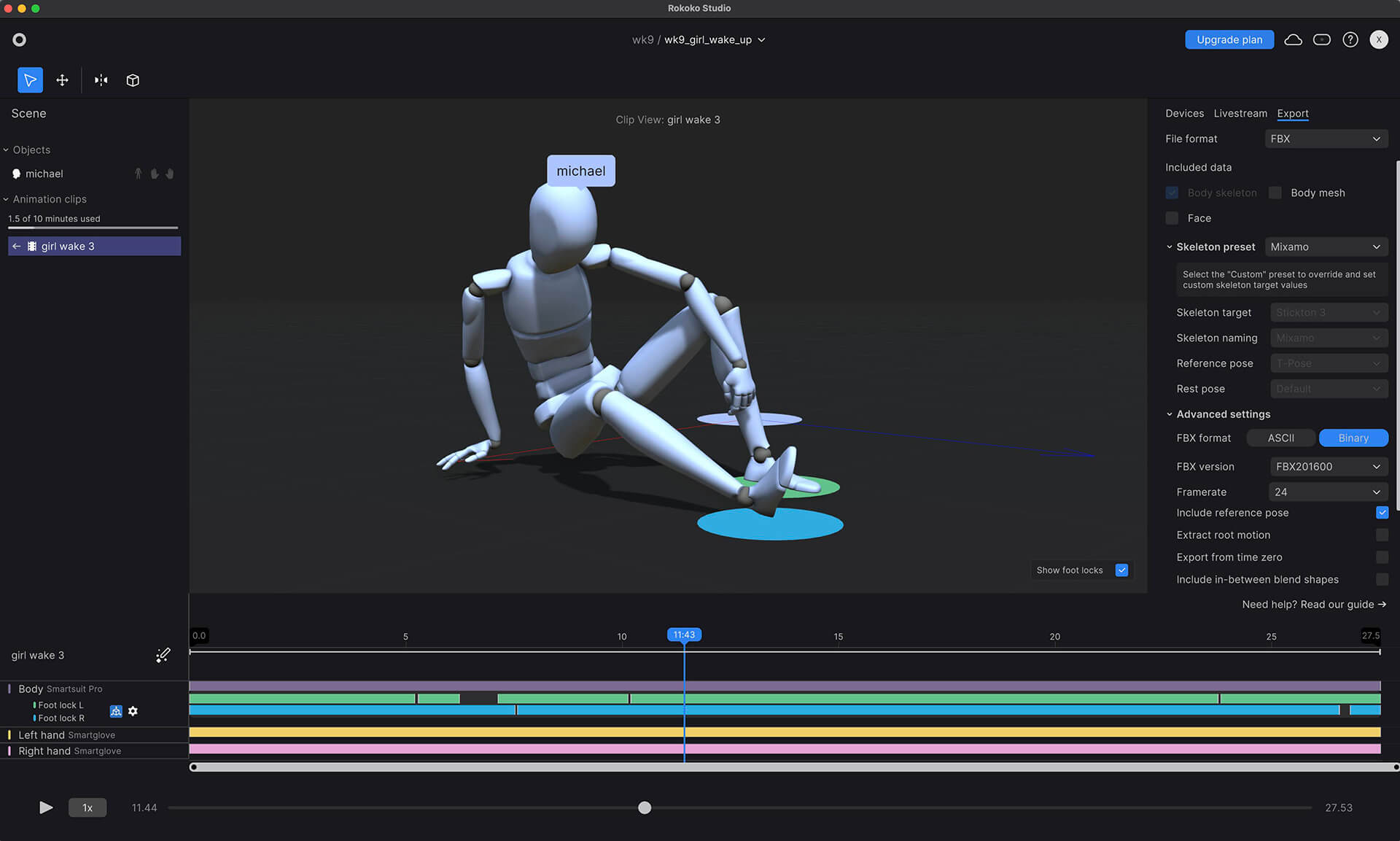 Cleaning up a seated mocap take in Rokoko Studio