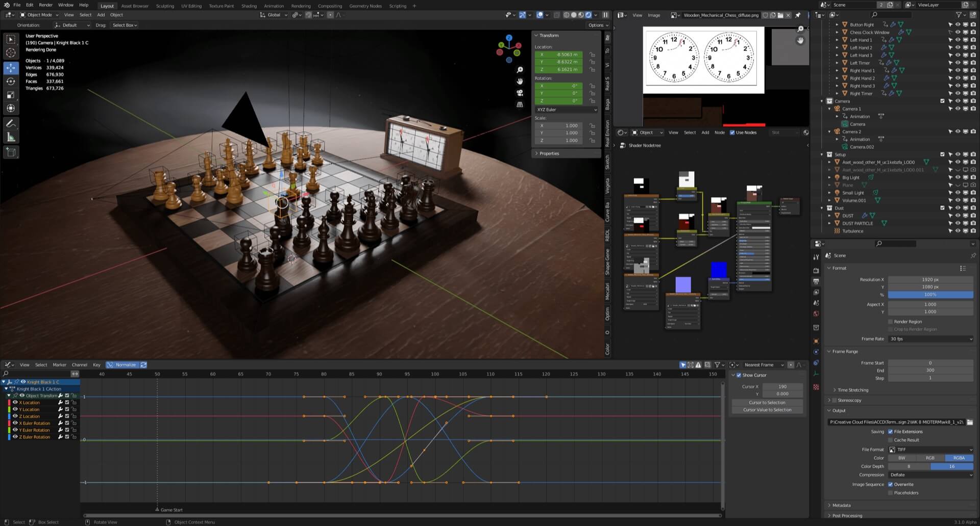 Blender workspace with the chess scene, shader nodes, and animation curves