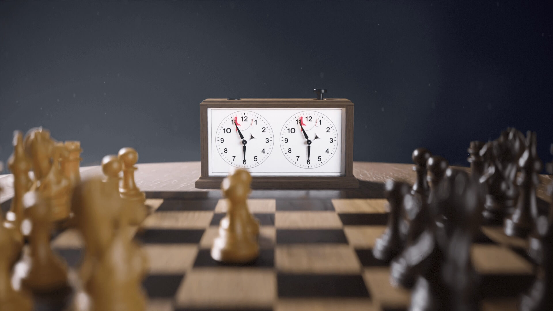 Chess clock at midnight framed between the two armies on the board