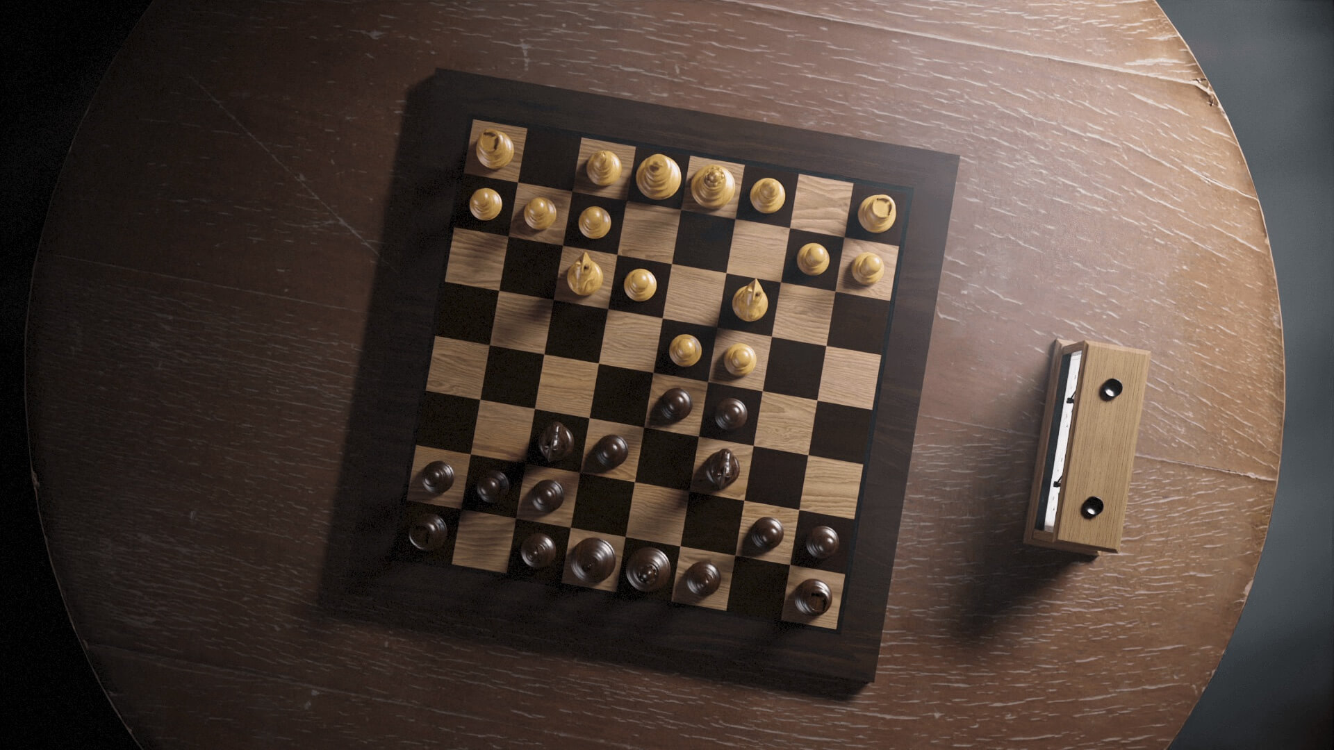 Overhead view of a chess game in progress on a round wooden table
