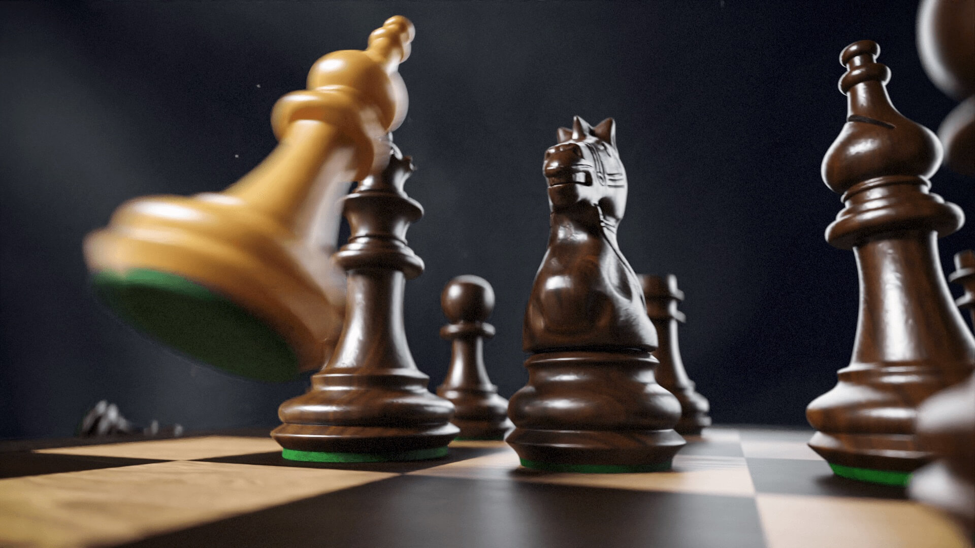 White bishop toppling into a crowd of black chess pieces