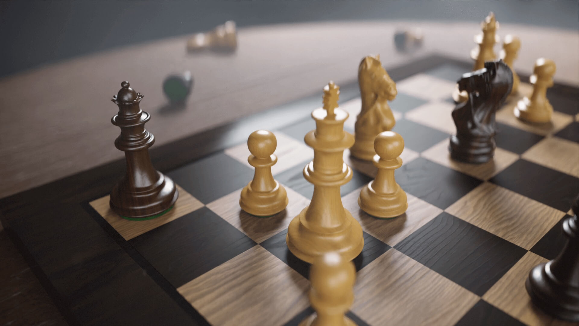 Macro shot of white pawns and knight facing the black king