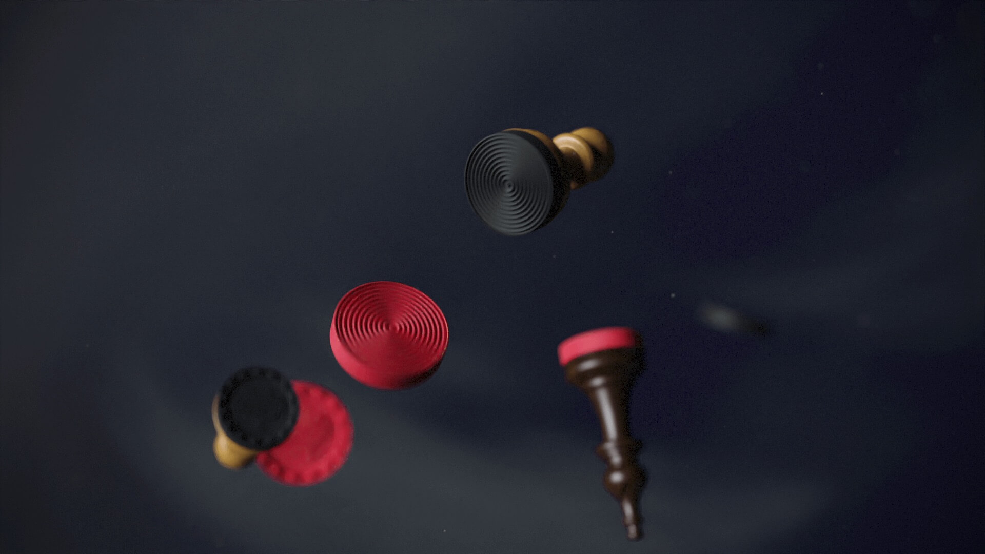 Red and black checkers tumbling through the air