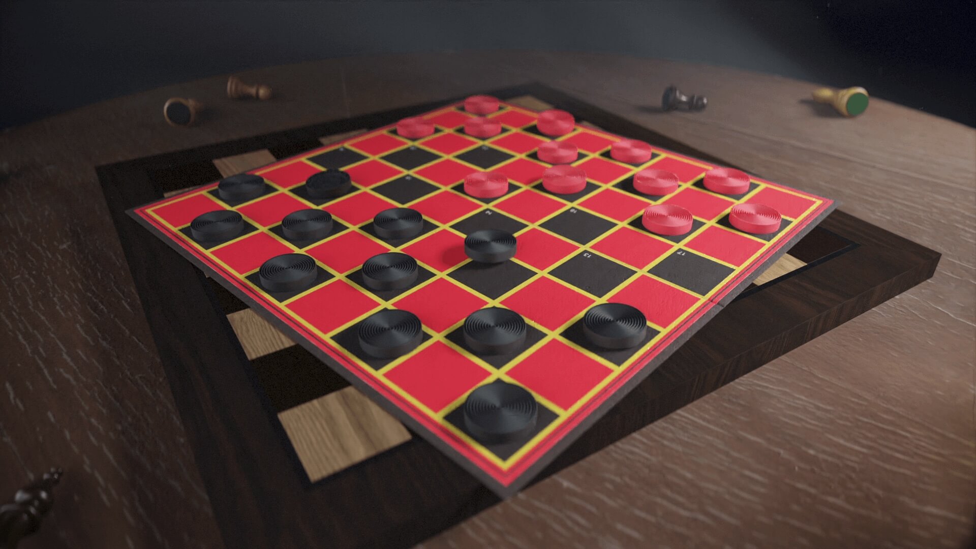 Checkers board landing fully set on a dark wooden table