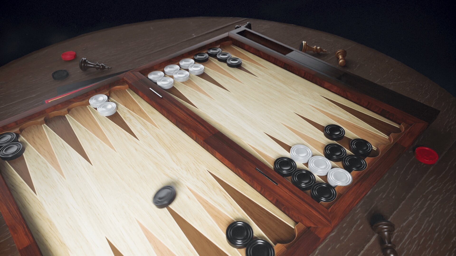 Backgammon board mid-game with pieces scattering across the points
