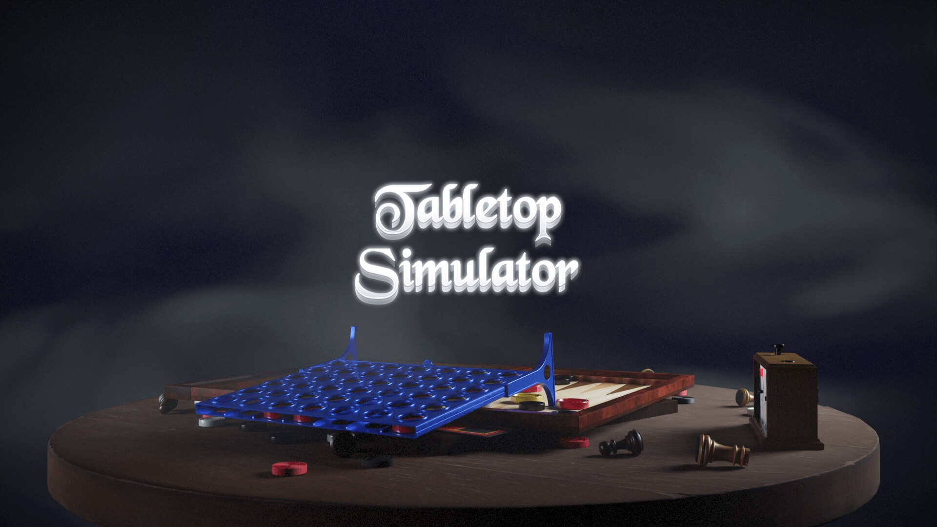 Closing title card — Tabletop Simulator logotype over all four games on a round table