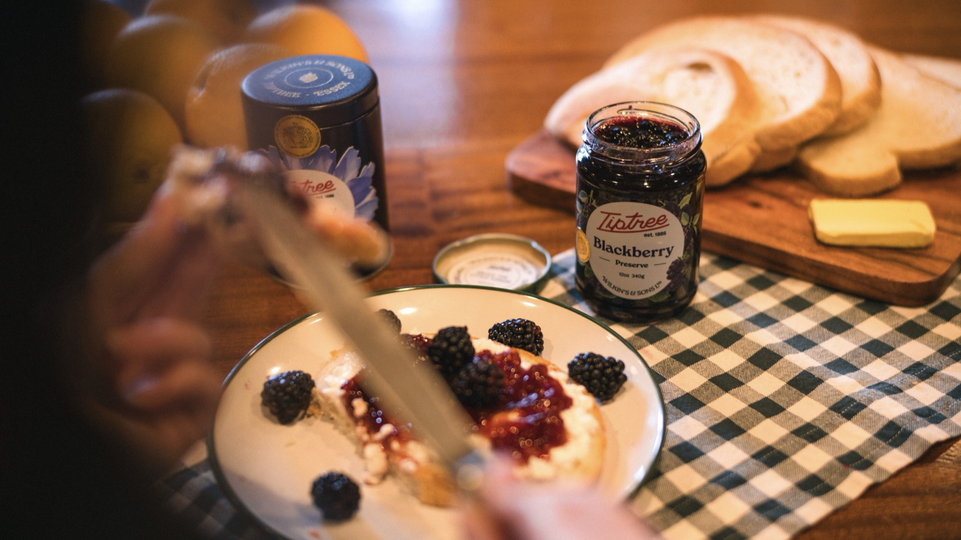 Tiptree jars on a morning table