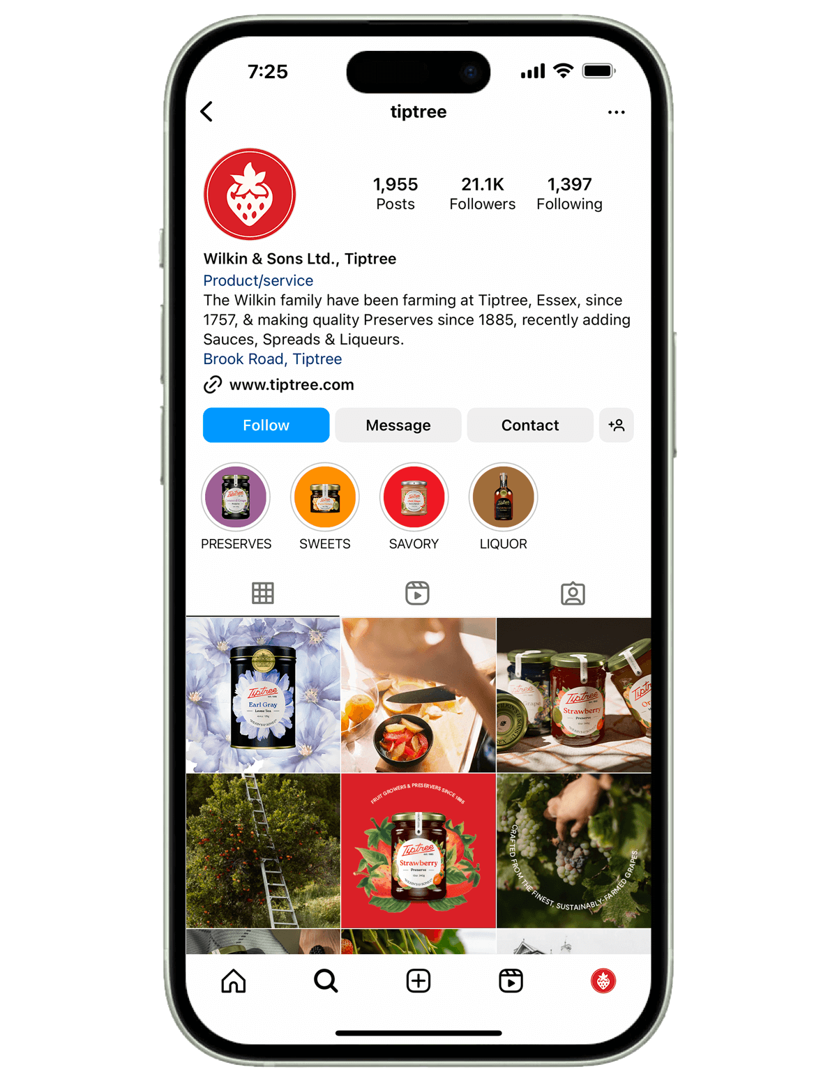 Tiptree Instagram feed on a phone